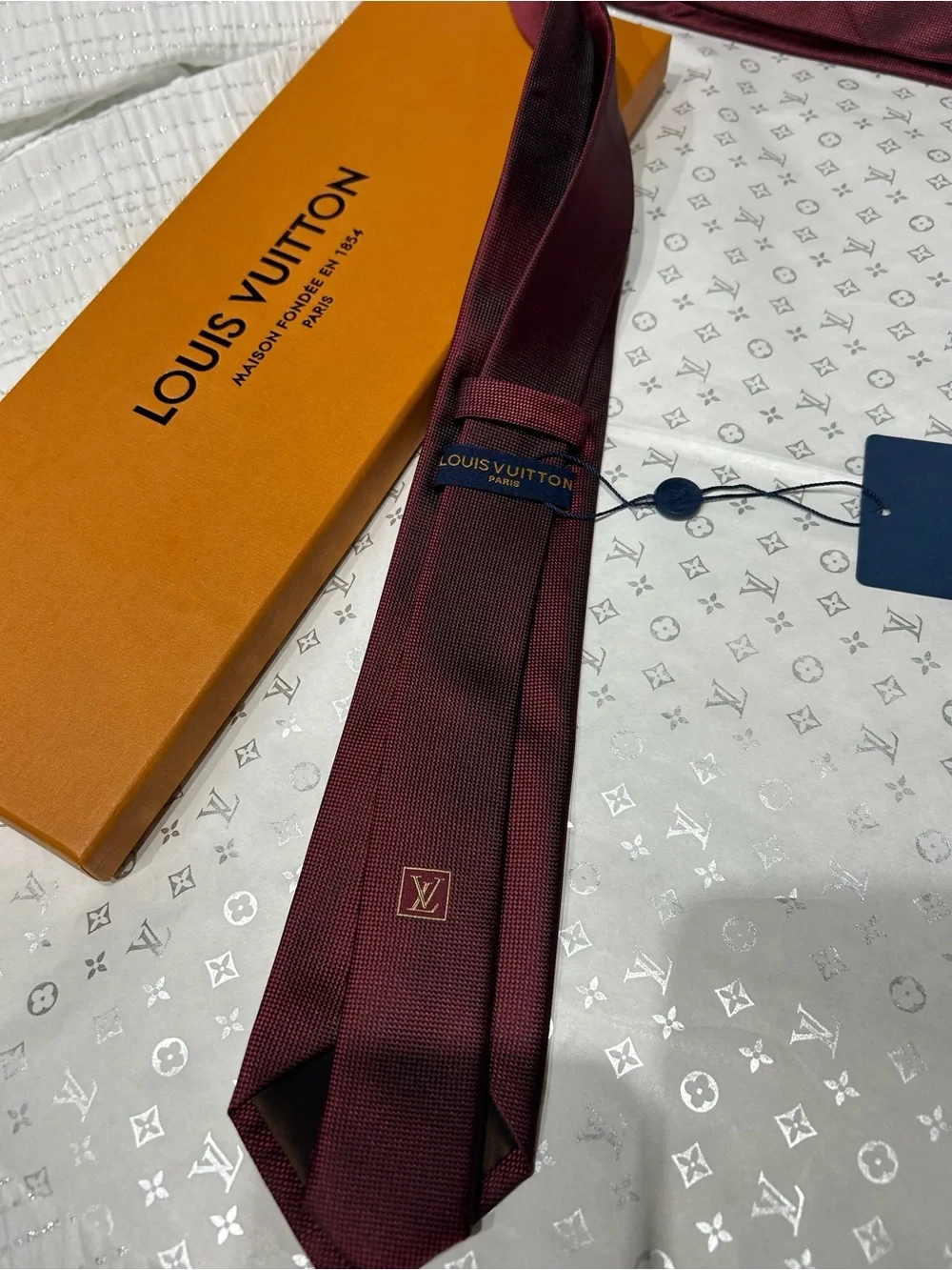 Louis Vuitton Men’s Wine Red Silk Tie with Subtle LV Motif